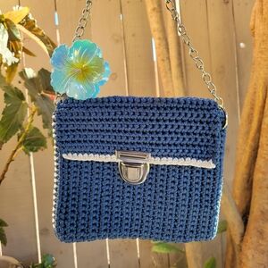 Handmade Navy Blue Crochet Chain Shoulder/Crossbody Bag with Silver Hardware
